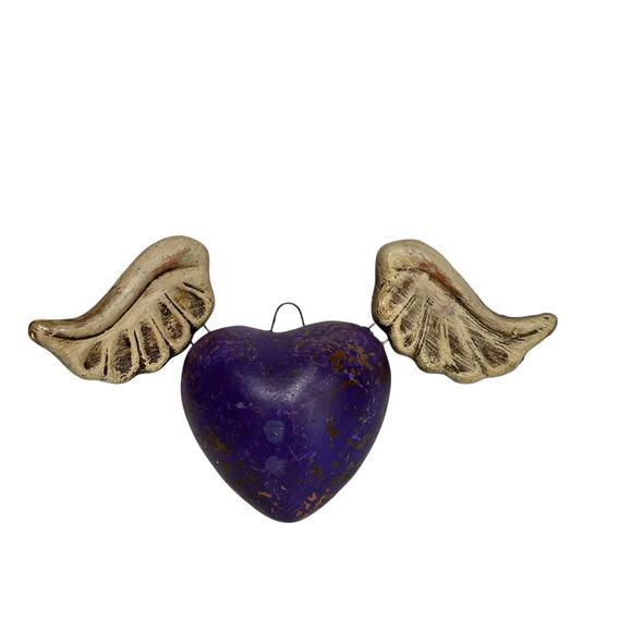 Purple Heart with White Wings Wall Art Ornament Rustic Boho Decor - Picture 3 of 11